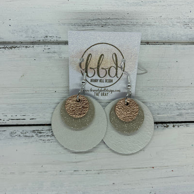 GRAY - Leather Earrings  ||    <BR> METALLIC ROSE GOLD PEBBLED, <BR> SHIMMER CHAMPAGNE,  <BR> PEARL WHITE