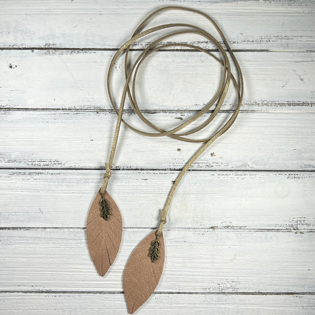 OOAK (One-of-a-Kind) Suede Lariat Necklace || <br> Sparkle Gold Suede & Pearlized Pink feather