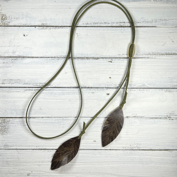 OOAK (One-of-a-Kind) Suede Lariat Necklace || <br> Olive Green Suede & Brown feather