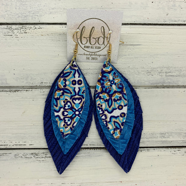INDIA - Leather Earrings   ||  <BR>  MOROCCAN TILE,  <BR> BLUE BRAIDED,  <BR> COBALT BLUE PALM LEAVES