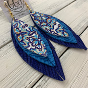 INDIA - Leather Earrings   ||  <BR>  MOROCCAN TILE,  <BR> BLUE BRAIDED,  <BR> COBALT BLUE PALM LEAVES