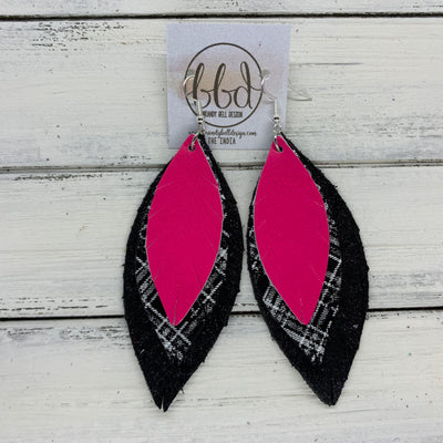 INDIA - Leather Earrings   ||  <BR>  NEON PINK,  <BR> BLACK & WHITE PLAID,  <BR> SHIMMER BLACK