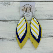 INDIA - Leather Earrings   ||  <BR>  YELLOW & WHITE STRIPE,  <BR> METALLIC COBALT CRACKLE,  <BR> MATTE YELLOW