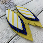 INDIA - Leather Earrings   ||  <BR>  YELLOW & WHITE STRIPE,  <BR> METALLIC COBALT CRACKLE,  <BR> MATTE YELLOW