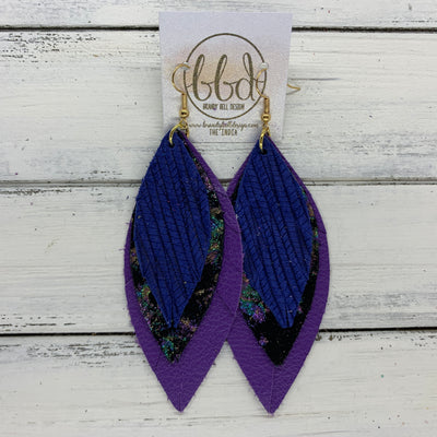 INDIA - Leather Earrings   ||  <BR>  COBALT BLUE PALM LEAVES,  <BR> IRIDESCENT NORTHERN LIGHTS,  <BR> MATTE PURPLE