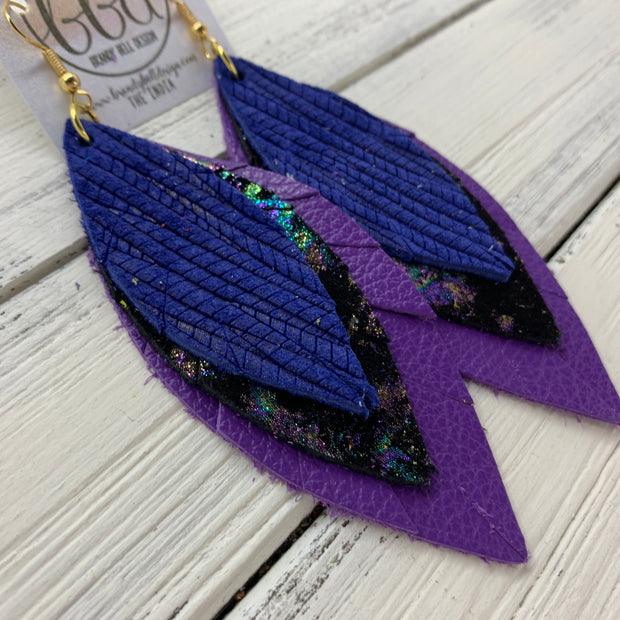 INDIA - Leather Earrings   ||  <BR>  COBALT BLUE PALM LEAVES,  <BR> IRIDESCENT NORTHERN LIGHTS,  <BR> MATTE PURPLE