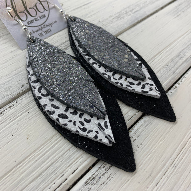 INDIA - Leather Earrings   ||  <BR>  GRAY STINGRAY,  <BR> BLACK & WHITE CHEETAH PRINT,  <BR> SHIMMER BLACK