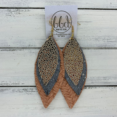 INDIA - Leather Earrings   ||  <BR>  METALLIC ROSE GOLD DRIPS,  <BR> GRAY STINGRAY,  <BR> SALMON BRAIDED