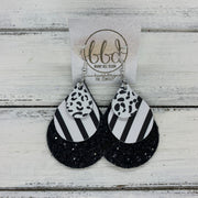 LINDSEY - Leather Earrings  ||   <BR> BLACK & WHITE CHEETAH, <BR> BLACK & WHITE STRIPE,  <BR> BLACK CHUNKY GLITTER (FAUX LEATHER)