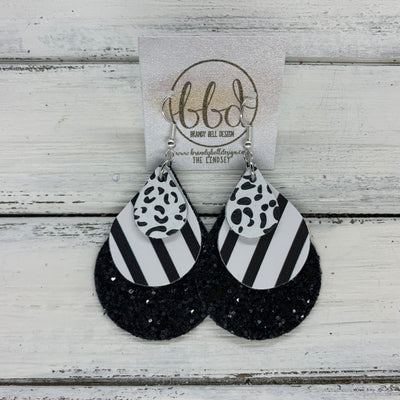 LINDSEY - Leather Earrings  ||   <BR> BLACK & WHITE CHEETAH, <BR> BLACK & WHITE STRIPE,  <BR> BLACK CHUNKY GLITTER (FAUX LEATHER)