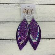 INDIA - Leather Earrings   ||  <BR>  PURPLE & GREEN GLITTER (FAUX LEATHER),  <BR> PURPLE & BLUE FLORAL,  <BR> METALLIC PURPLE PEBBLED