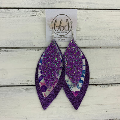 INDIA - Leather Earrings   ||  <BR>  PURPLE & GREEN GLITTER (FAUX LEATHER),  <BR> PURPLE & BLUE FLORAL,  <BR> METALLIC PURPLE PEBBLED