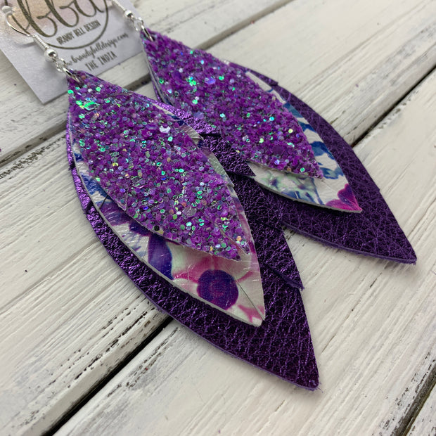 INDIA - Leather Earrings   ||  <BR>  PURPLE & GREEN GLITTER (FAUX LEATHER),  <BR> PURPLE & BLUE FLORAL,  <BR> METALLIC PURPLE PEBBLED