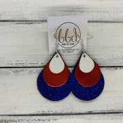 LINDSEY - Leather Earrings  ||   <BR>  WHITE FINE GLITTER (FAUX LEATHER), <BR> METALLIC RED SMOOTH,  <BR> METALLIC COBALT CRACKLE