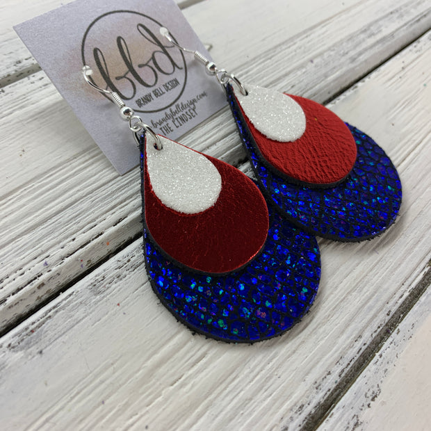 LINDSEY - Leather Earrings  ||   <BR>  WHITE FINE GLITTER (FAUX LEATHER), <BR> METALLIC RED SMOOTH,  <BR> METALLIC COBALT CRACKLE