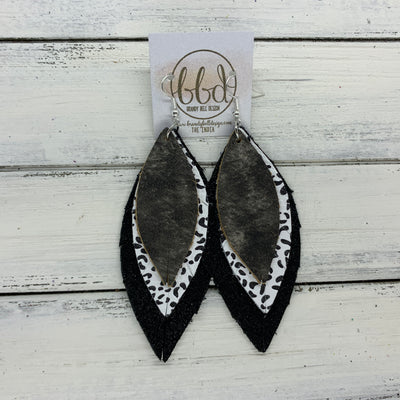 INDIA - Leather Earrings   ||  <BR>  BLACK TAN TIE DYE,  <BR> BLACK & WHITE CHEETAH PRINT,  <BR> SHIMMER BLACK