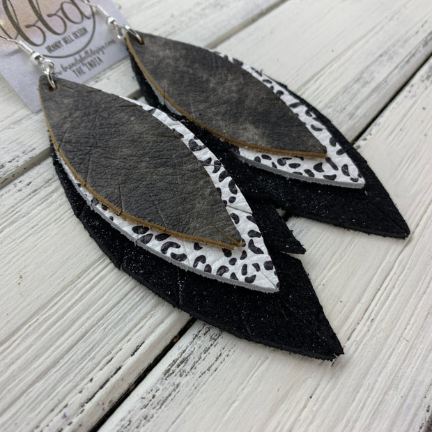 INDIA - Leather Earrings   ||  <BR>  BLACK TAN TIE DYE,  <BR> BLACK & WHITE CHEETAH PRINT,  <BR> SHIMMER BLACK