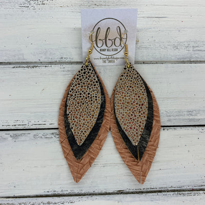 INDIA - Leather Earrings   ||  <BR>  METALLIC ROSE GOLD DRIPS,  <BR> BLACK & TAN TIE DYE,  <BR> SALMON BRAIDED