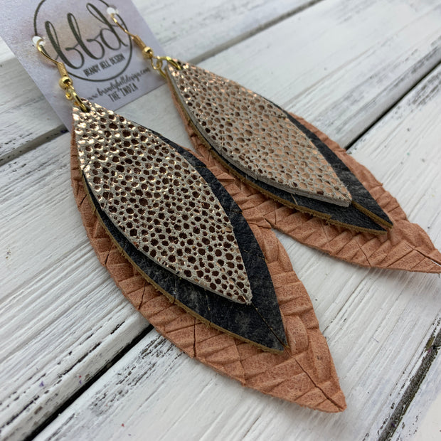 INDIA - Leather Earrings   ||  <BR>  METALLIC ROSE GOLD DRIPS,  <BR> BLACK & TAN TIE DYE,  <BR> SALMON BRAIDED