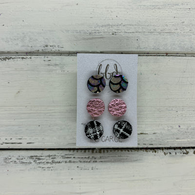 CAROL (3/PACK) - Leather Stud Earrings   ||  ANTIQUE MERMAID, METALLIC LIGHT PINK, BLACK & WHITE PLAID