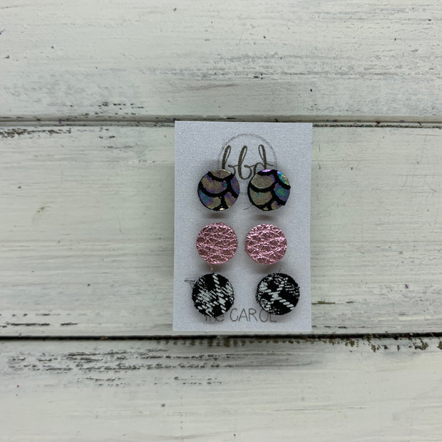 CAROL (3/PACK) - Leather Stud Earrings   ||  ANTIQUE MERMAID, METALLIC LIGHT PINK, BLACK & WHITE PLAID