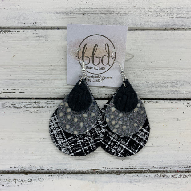 LINDSEY - Leather Earrings  ||   <BR>  BLACK BRAIDED, <BR> GRAY STINGRAY,  <BR> BLACK & WHITE PLAID