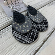 LINDSEY - Leather Earrings  ||   <BR>  BLACK BRAIDED, <BR> GRAY STINGRAY,  <BR> BLACK & WHITE PLAID