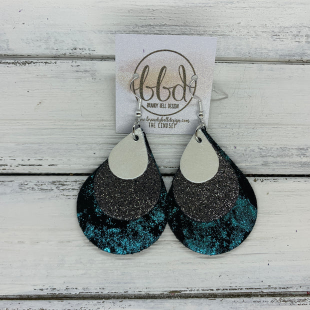LINDSEY - Leather Earrings  ||   <BR>  PEARL WHITE, <BR> SHIMMER PEWTER,  <BR> METALLIC TEAL NORTHERN LIGHTS