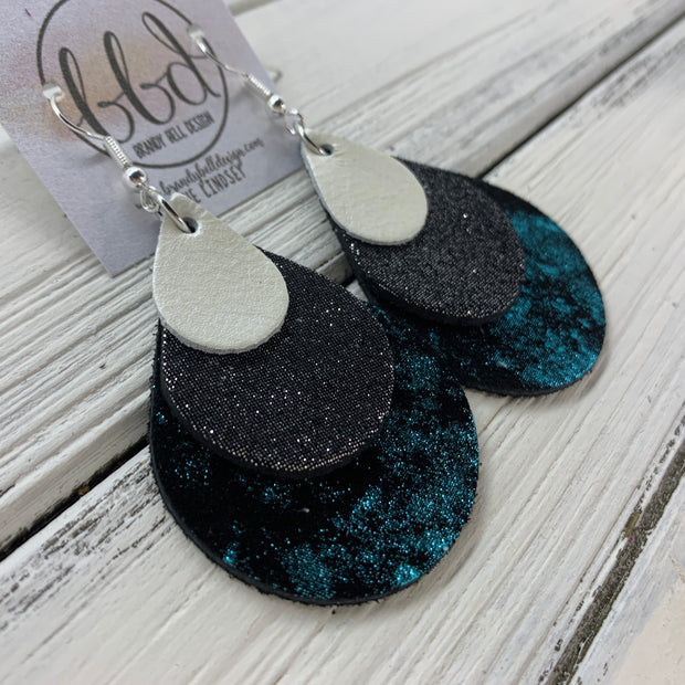 LINDSEY - Leather Earrings  ||   <BR>  PEARL WHITE, <BR> SHIMMER PEWTER,  <BR> METALLIC TEAL NORTHERN LIGHTS