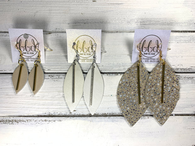"RAISE THE BAR" <br> *3 SIZES AVAILABLE! <br> SUEDE + STEEL COLLECTION ||  Leather Earrings || <BR> METALLIC SILVER SANDS ON TAUPE *Choose size & bar finish!*