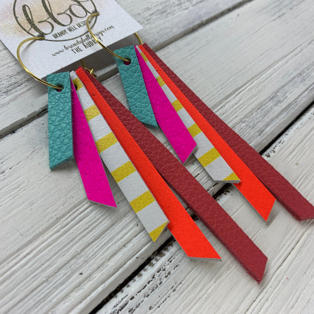 AUDREY - Leather Earrings  ||    ROBINS EGG BLUE, MATTE NEON PINK, YELLOW & WHITE STRIPE, MATTE NEON ORANGE, MATTE SALMON/CORAL