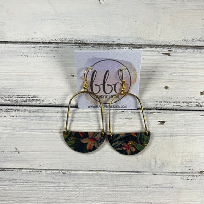 PIPER -  Leather Earrings  ||  <BR> TROPICAL FLORAL ON BLACK (LEATHER ON CORK)
