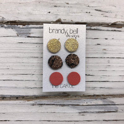 CAROL (3/PACK) - Leather Stud Earrings   || METALLIC GOLD TEXTURE, METALLIC COPPER CRACKLE, MATTE SALMON