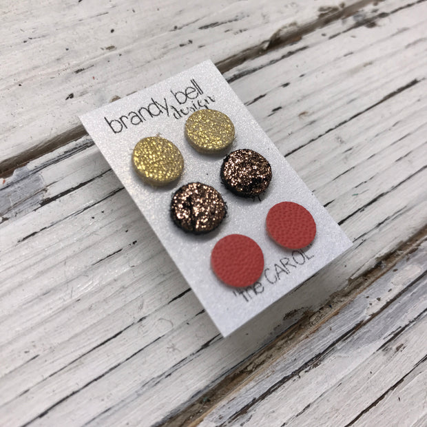 CAROL (3/PACK) - Leather Stud Earrings   || METALLIC GOLD TEXTURE, METALLIC COPPER CRACKLE, MATTE SALMON