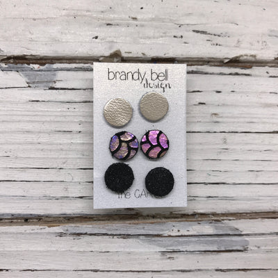 CAROL (3/PACK) - Leather Stud Earrings   ||  METALLIC CHAMPAGNE, METALLIC ANTIQUE MERMAID, SHIMMER BLACK