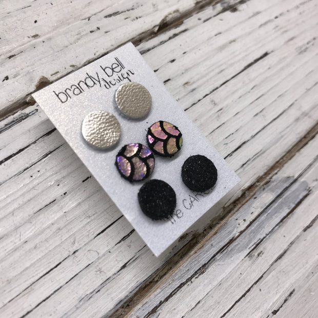 CAROL (3/PACK) - Leather Stud Earrings   ||  METALLIC CHAMPAGNE, METALLIC ANTIQUE MERMAID, SHIMMER BLACK