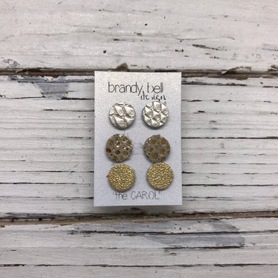 CAROL (3/PACK) - Leather Stud Earrings   || METALLIC CHAMPAGNE COBRA, METALLIC GOLD DRIPS, METALLIC GOLD TEXTURE