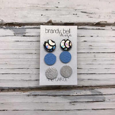 CAROL (3/PACK) - Leather Stud Earrings   || METALLIC ANTIQUE MERMAID, MATTE CAROLINA BLUE, SHIMMER ROSE GOLD