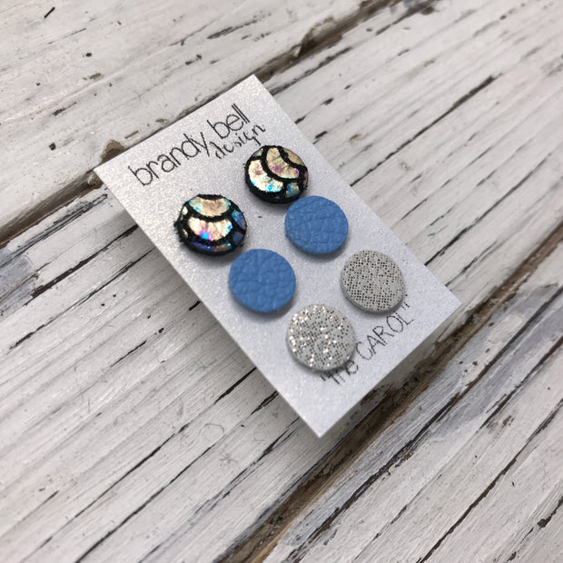 CAROL (3/PACK) - Leather Stud Earrings   || METALLIC ANTIQUE MERMAID, MATTE CAROLINA BLUE, SHIMMER ROSE GOLD