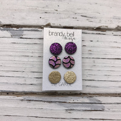 CAROL (3/PACK) - Leather Stud Earrings   || METALLIC SHIMMER FUCHSIA, METALLIC MERMAID PINK/GREEN/GOLD, METALLIC GOLD TEXTURE