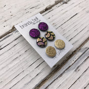 CAROL (3/PACK) - Leather Stud Earrings   || METALLIC SHIMMER FUCHSIA, METALLIC MERMAID PINK/GREEN/GOLD, METALLIC GOLD TEXTURE