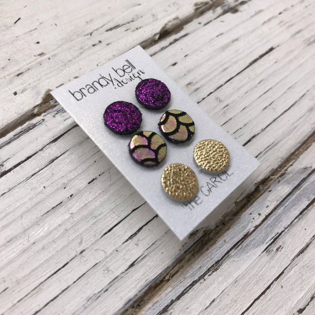 CAROL (3/PACK) - Leather Stud Earrings   || METALLIC SHIMMER FUCHSIA, METALLIC MERMAID PINK/GREEN/GOLD, METALLIC GOLD TEXTURE