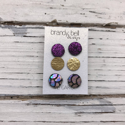 CAROL (3/PACK) - Leather Stud Earrings   || METALLIC SHIMMER FUCHSIA,  METALLIC GOLD, METALLIC ANTIQUE MERMAID