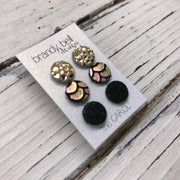 CAROL (3/PACK) - Leather Stud Earrings   ||  METALLIC GOLD DRIPS, METALLIC MERMAID PINK/GREEN/GOLD, SHIMMER BLACK