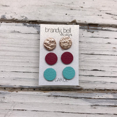 CAROL (3/PACK) - Leather Stud Earrings   ||  METALLIC ROSE GOLD, MATTE RASPBERRY, MATTE ROBINS EGG BLUE