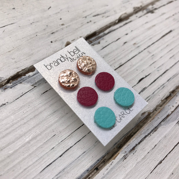 CAROL (3/PACK) - Leather Stud Earrings   ||  METALLIC ROSE GOLD, MATTE RASPBERRY, MATTE ROBINS EGG BLUE