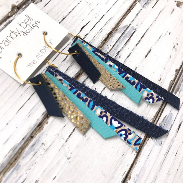 AUDREY - Leather Earrings  || METALLIC NAVY, METALLIC GOLD DRIPS, MATTE ROBINS EGG BLUE, MOROCCAN TILE, METALLIC NAVY TEXTURE