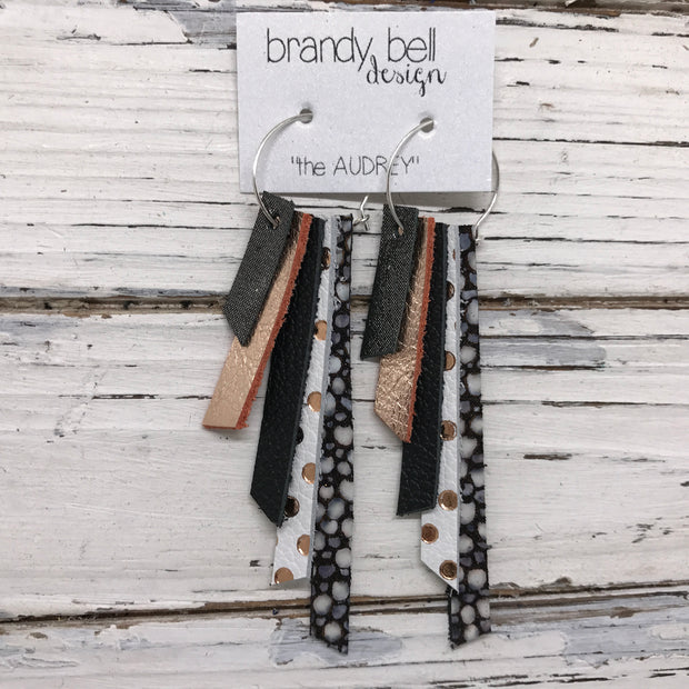 AUDREY - Leather Earrings  || SHIMMER PEWTER, METALLIC ROSE GOLD, MATTE BLACK, WHITE WITH METALLIC ROSE GOLD POLKA DOTS, BLACK STINGRAY