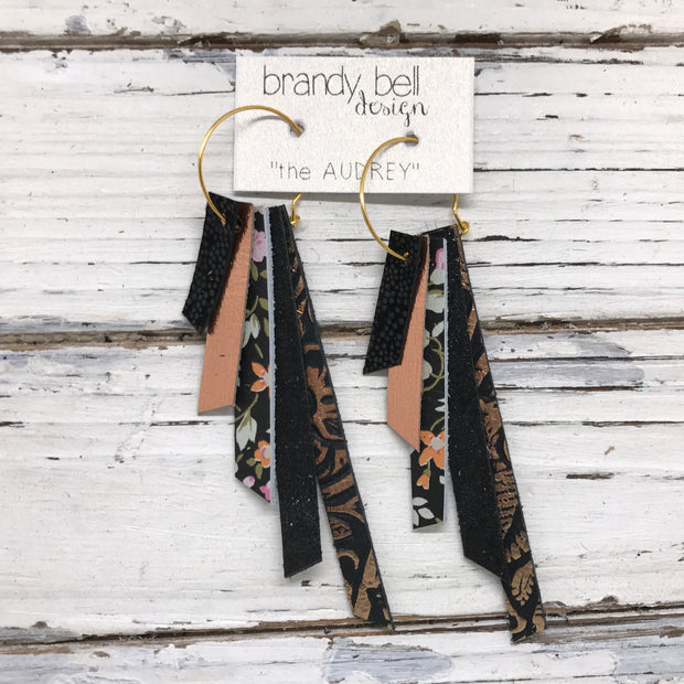 AUDREY - Leather Earrings  || MATTE BLACK DOTS, METALLIC COPPER, BLACK MINI FLORAL, SHIMMER BLACK, BLACK & METALLIC COPPER FLORAL