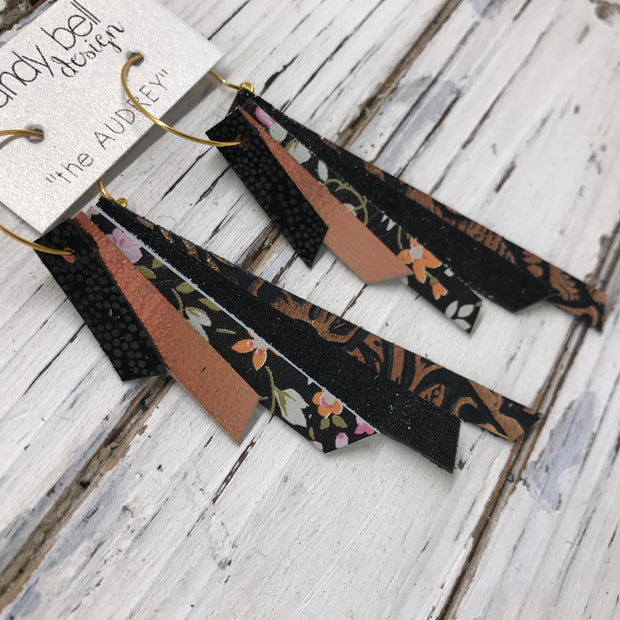 AUDREY - Leather Earrings  || MATTE BLACK DOTS, METALLIC COPPER, BLACK MINI FLORAL, SHIMMER BLACK, BLACK & METALLIC COPPER FLORAL